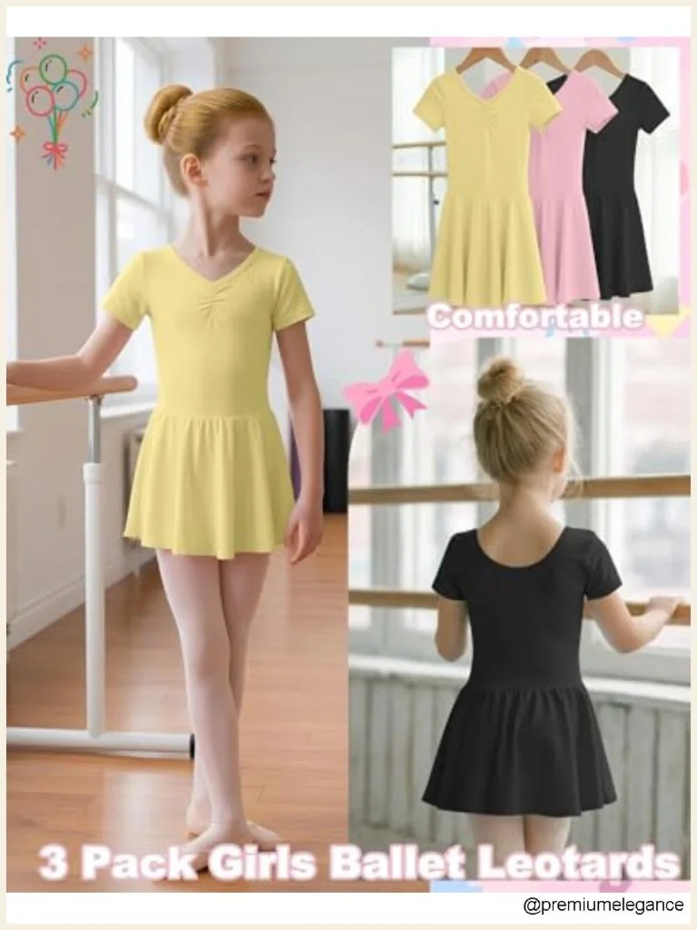 3 Pack Girls Ballet Leotards Short Sleeve V Neck Dance Dress Toddler Soft